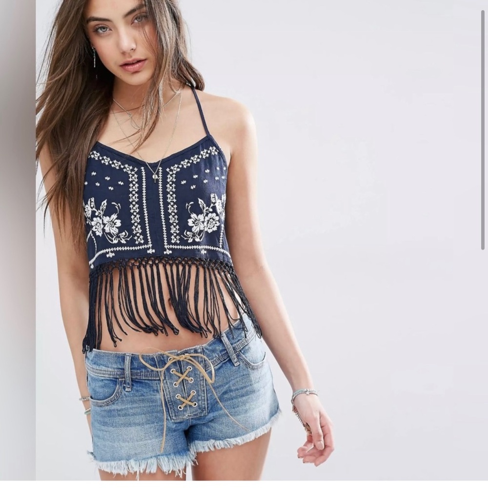 Hollister navy blue and white fringe crop top with floral stitching size S!!